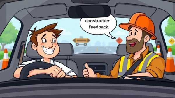 Cartoon depicting customer service feedback in roadwork setting.