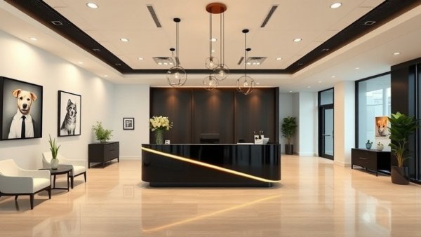 Sleek modern veterinary lobby proposing an animal shelter in Ellis County.