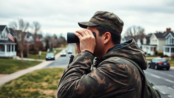 Camouflage-clad individual enforcing distracted driving with binoculars.