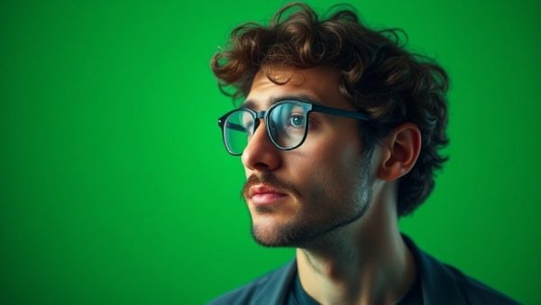 Curly-haired man with glasses thinking, monochromatic look.