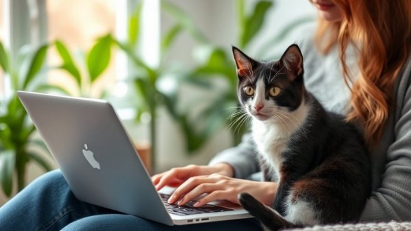 Pet insurance gap concept with a cat and person on a laptop.