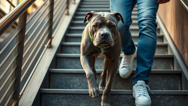 Dog with green collar walking upstairs alongside person in jeans.