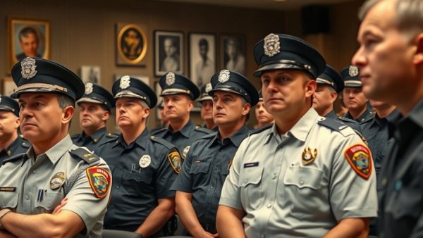 Police officers listening to a speaker about ethical leadership in policing.