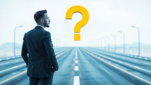 Businessman at a crossroads with question mark, symbolizing decision-making.