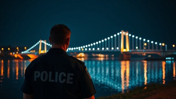 Police officer near water at night with reflecting lights.