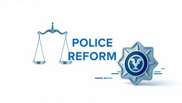 Abstract graphic on police reform strategies with justice scales.