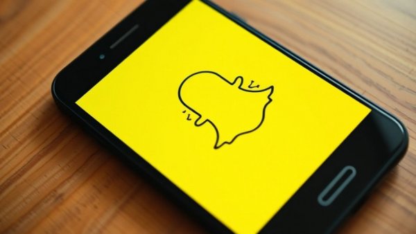 Smartphone showing Snapchat logo on yellow screen, wooden surface.