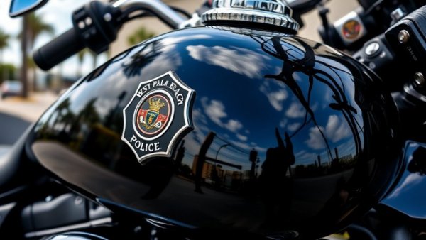 West Palm Beach Police motorcycle tank with reflections.
