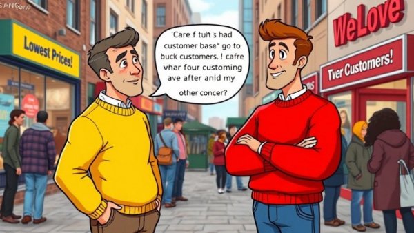 Cartoon of store owners discussing customer service focus