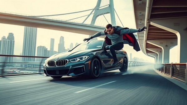 Dynamic BMW car with superhero leap under city bridge, advertising strategy.