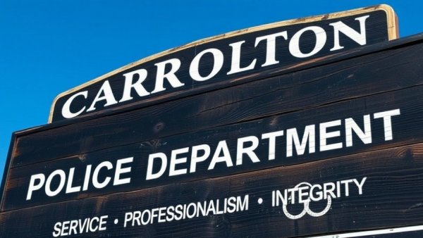 Carrollton Police Department sign, sky background, dissolution keyword.