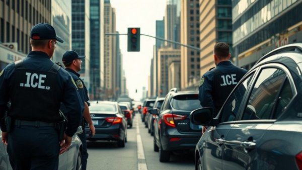 ICE traffic stop on city road with agents and vehicles