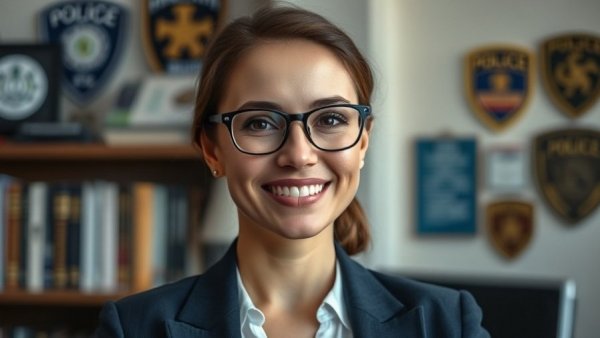 Professional woman smiling indoors with police memorabilia.