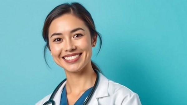 Veterinarian smiling in a video interview setting, promoting engagement.