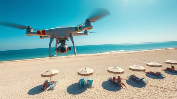NYPD drone monitoring sharks above a sunny beach with umbrellas.