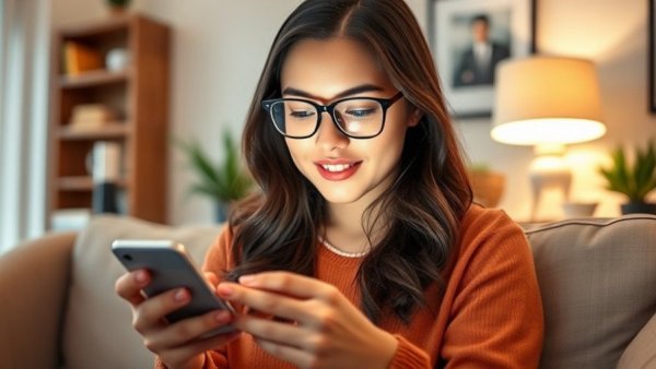 Woman reading news on smartphone in cozy living room