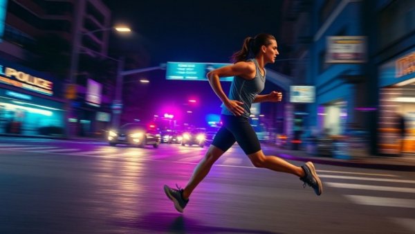 Dynamic police technology scene with person running at night.