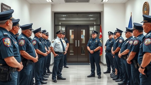 Ethical leadership in policing: officer briefing in department lobby.