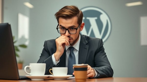 Concerned man at desk with WordPress logo, illustrating WPForms Lite Backdoor Security issue.