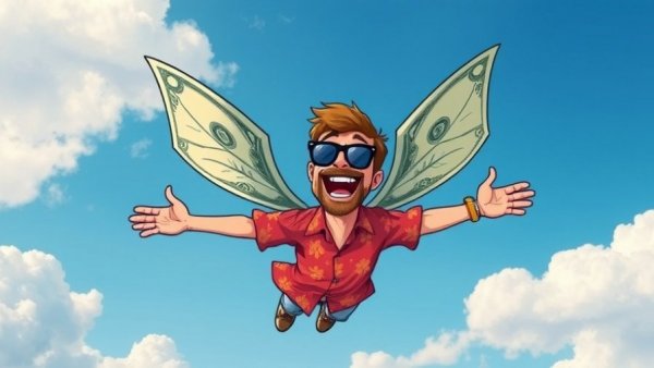 Cartoon man flying with dollar wings in a clear blue sky.