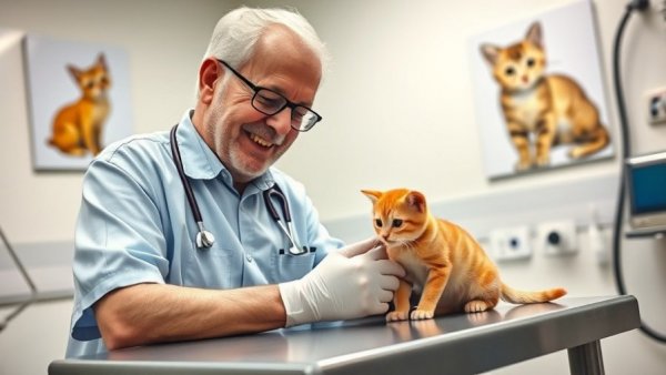 Veterinarian and man sharing a caring moment with kitten, turning transactions into moments of care.