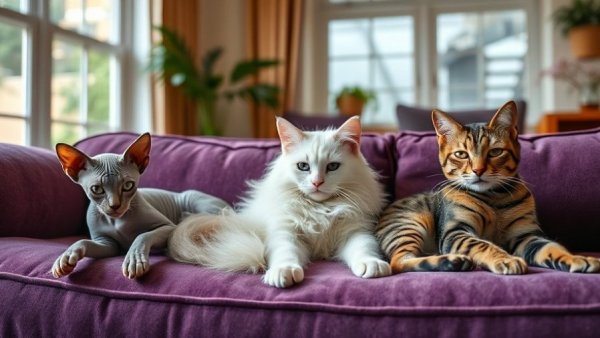 Three cats on a purple sofa in a bright living room