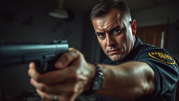 Tense police officer aiming handgun in a dimly lit room