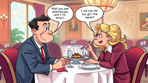 Cartoon illustrates a customer experience in a restaurant.