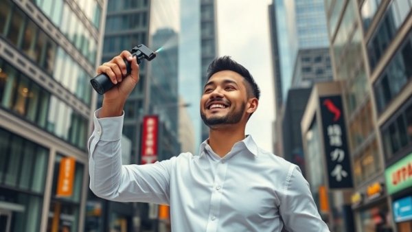 Man using clothing spray solution in urban setting.