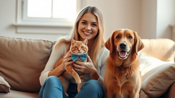 Cheerful woman with cat and dog at vet clinic, showcasing warm atmosphere.