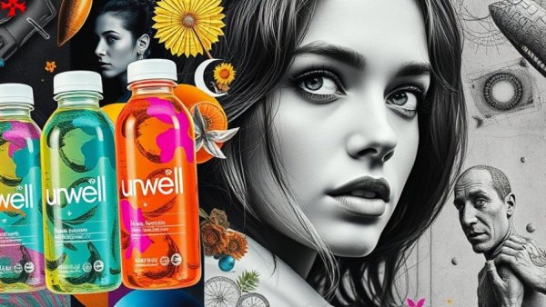 Unwell Hydration future collage with colorful bottles and grayscale portrait