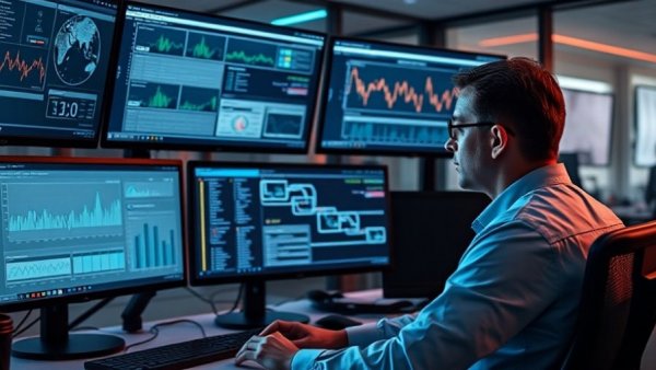 Public safety data analysis on multiple monitors in a modern office.
