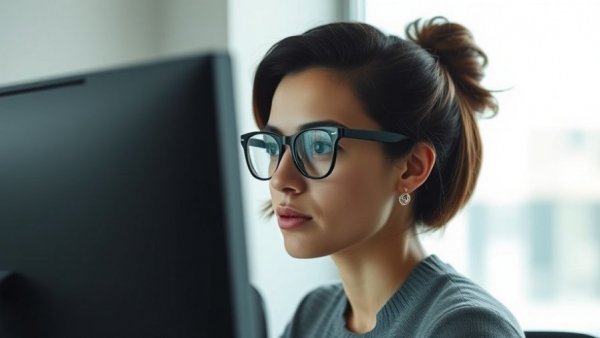 Focused woman analyzing work on computer in modern setting.