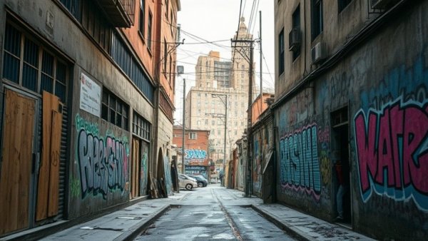Urban decay with broken windows and graffiti symbolizing broken windows policing.