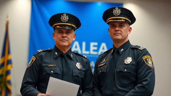 Police officers at a ceremony with CALEA banner, police technology.