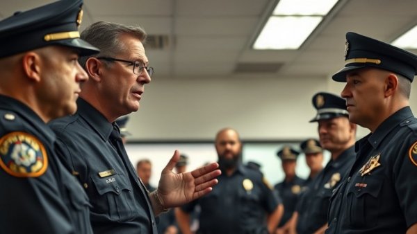Ethical leadership in law enforcement: leader briefing officers in station.