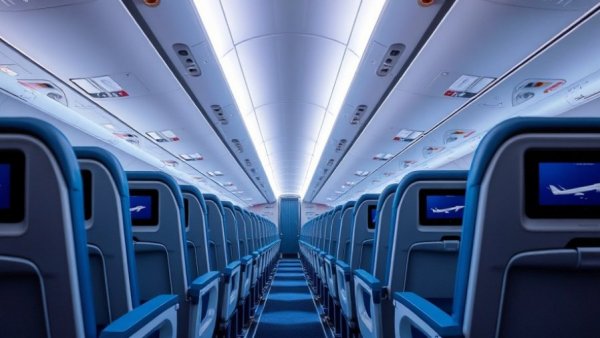 Modern airplane cabin with American Airlines seatback screens
