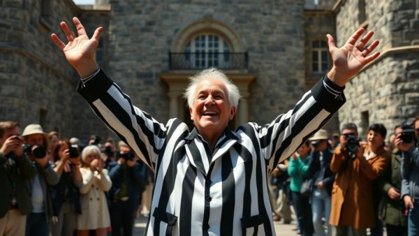 Older man celebrating release outside penitentiary, symbolizing police reform.