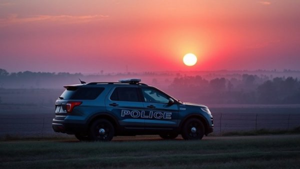 Police SUV at dawn highlighting rural landscape during disbandment discussion