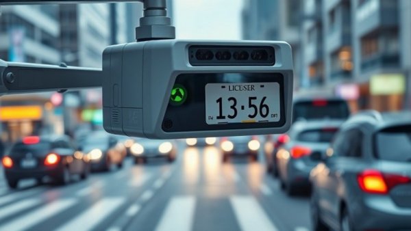 Automated license plate reader capturing data on a busy street.