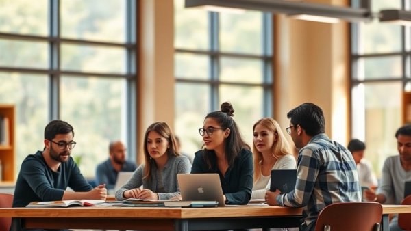 Diverse group studying together, promoting emotional regulation training for happiness.