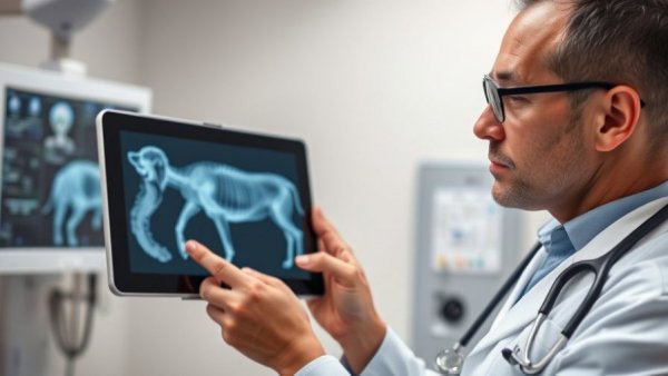 Veterinarian using AI technology in canine health tracking with a tablet X-ray.