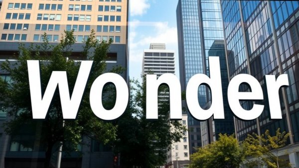 Glass storefront with 'Wonder' sign displaying urban reflections.