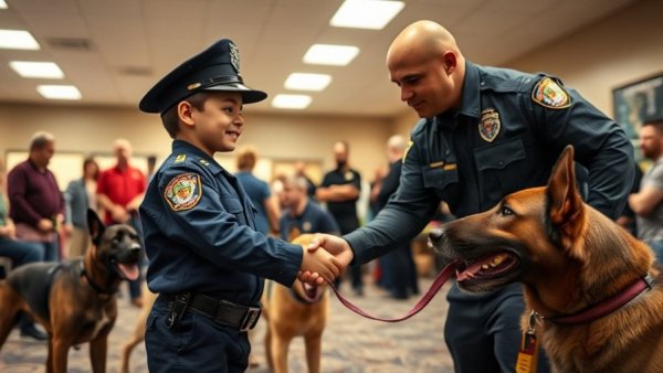 Young boy shakes hands with officer at law enforcement event.