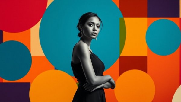 Stylized monochrome female with modern geometric colorful backdrop.