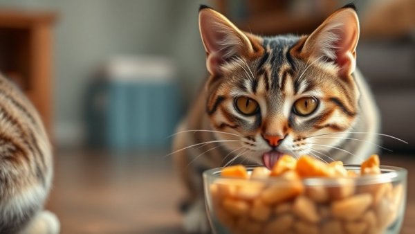 Tabby cat licking lips near food bowl, probiotics protect gut during antibiotic therapy.