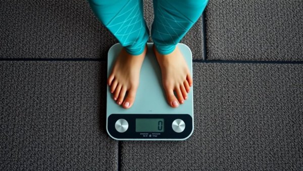 Person on scale showing weight, focus on teal-patterned pants, weight management for pets.