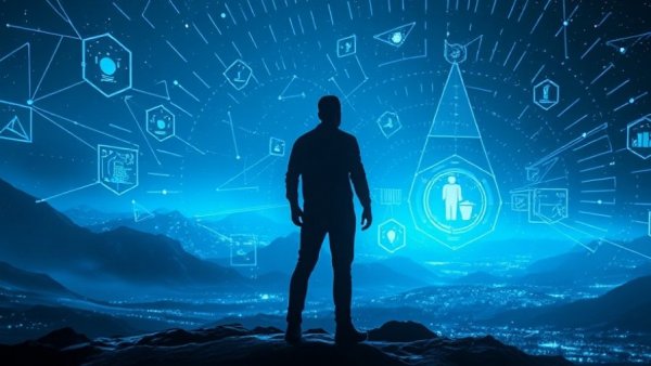 Futuristic digital interface with figure and binary code.