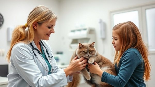 Veterinarian talks to clients about arthritis in pets at clinic.