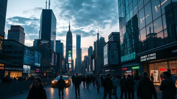 Futuristic New York City skyline with crime data overlays, 2026